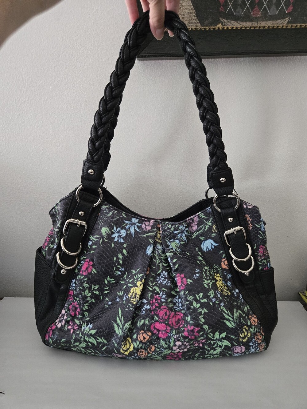 Apt. 9 Black Leatherette Floral Snakeskin Pattern Braided Strap Shoulder Bag